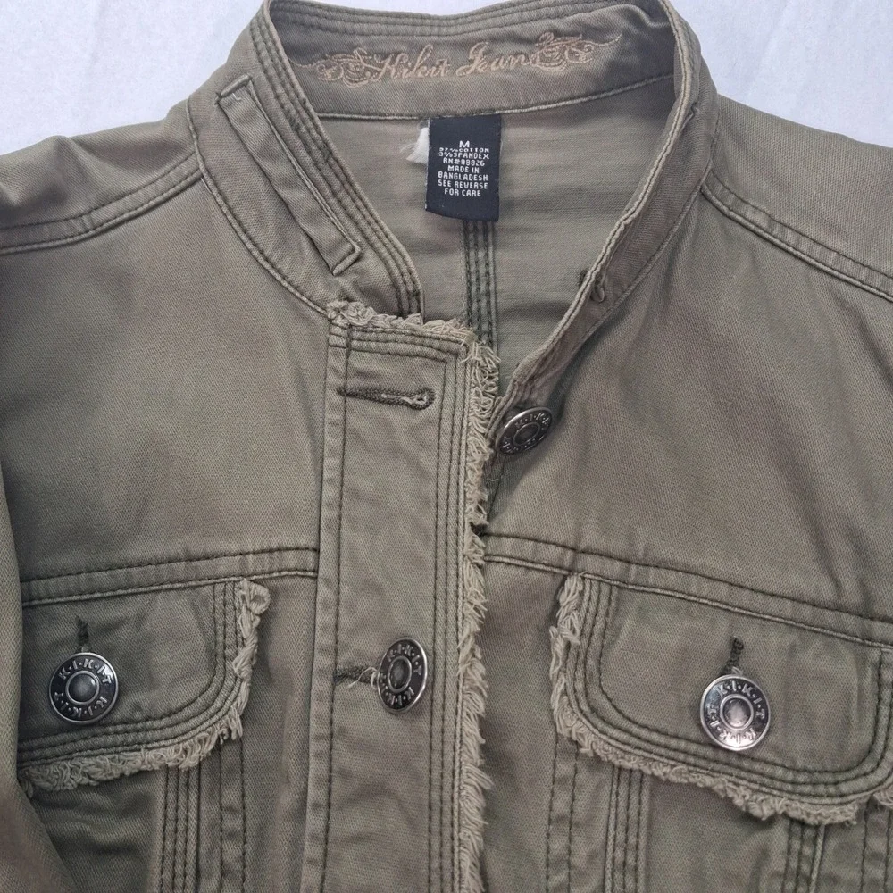 Kikit Jeans Jacket Womens M Military Utility Olive Green Frayed Raw Edge EUC